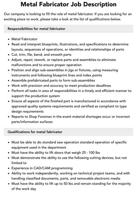 Metal Fabricator Job Description [Updated for 2024]